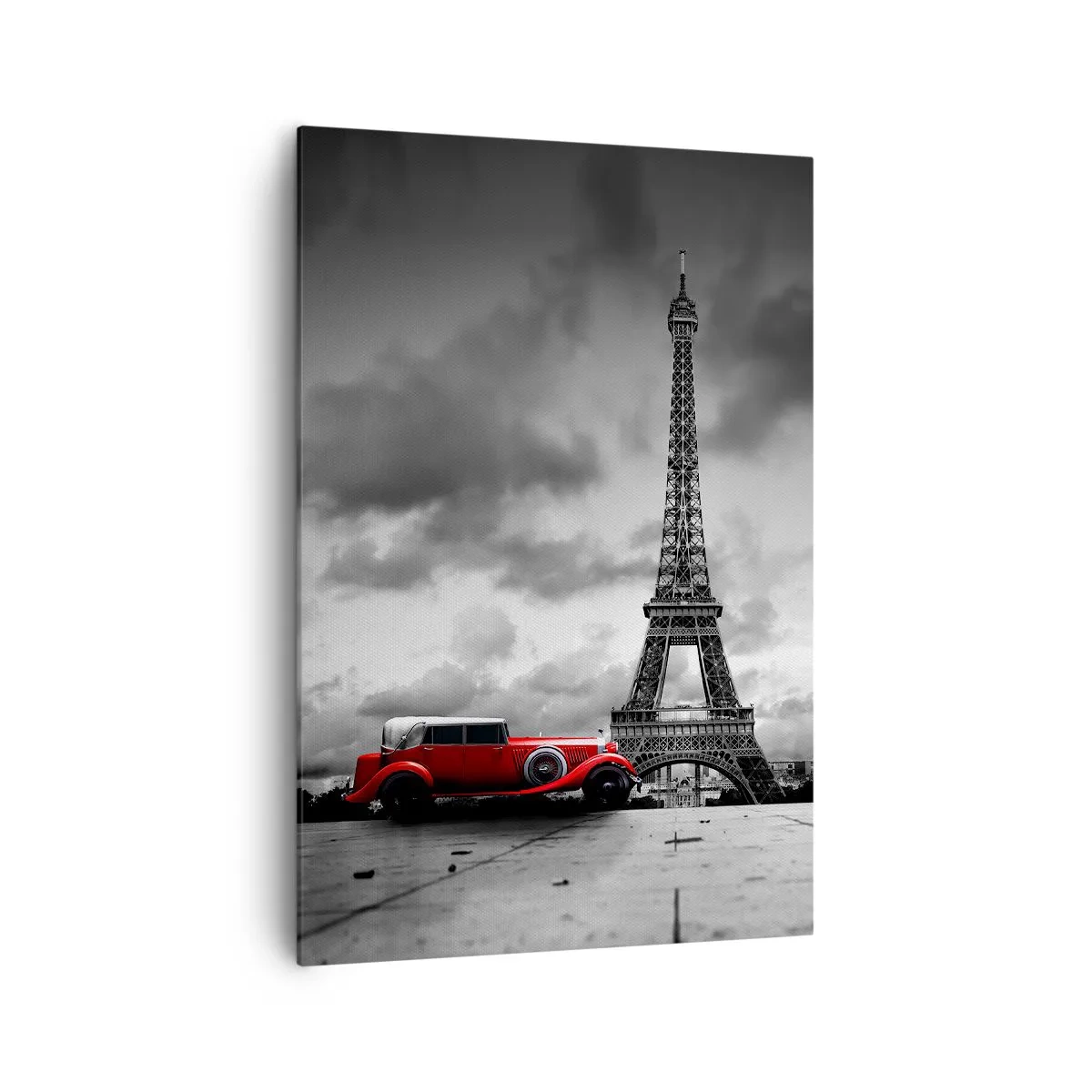 Cuadro sobre lienzo - Impresión de Imagen - Coche retro rojo frente a la Torre Eiffel en blanco y negro - 70x100cm - No hace mucho tiempo, en París - Decoración de pared moderna para salón y dormitorio ARTTOR