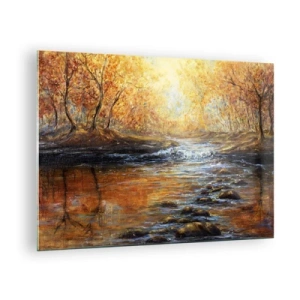 Cuadro sobre vidrio - Impresiones sobre Vidrio - Un arroyo dorado en el bosque rodeado de árboles otoñales. - 70x50cm - Arroyo de oro - Decoración de pared moderna para salón y dormitorio ARTTOR