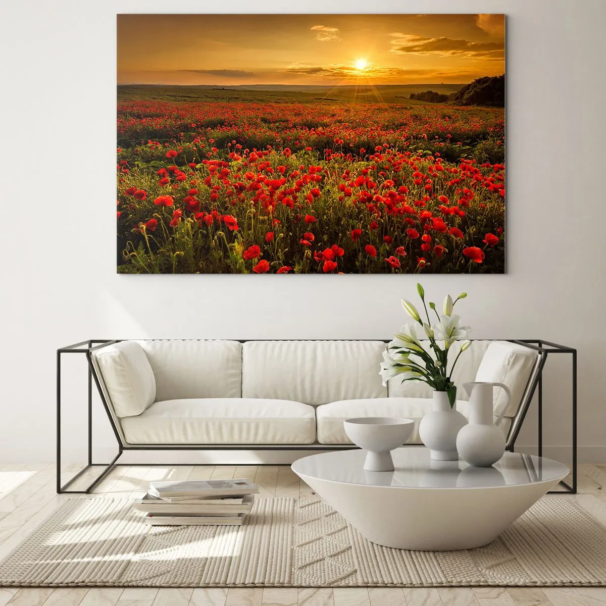 Cuadro sobre vidrio - Impresiones sobre Vidrio - Un campo de amapolas iluminado por los rayos del sol poniente. - 100x70cm - Entre los campos de flores - Decoración de pared moderna para salón y dormitorio ARTTOR