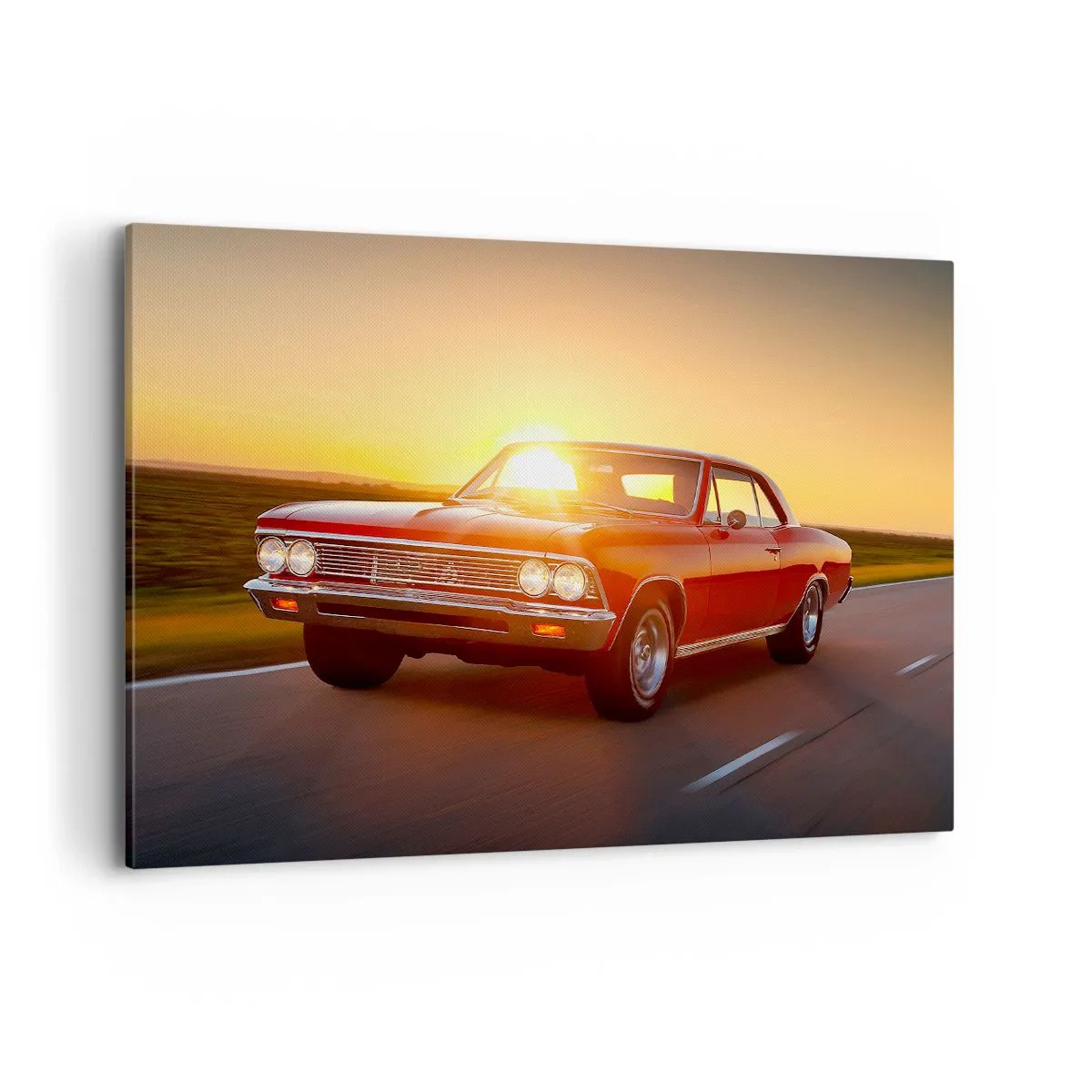 Cuadro sobre lienzo - Impresión de Imagen - Un coche rojo al atardecer en una carretera abierta. - 100x70cm - El deseo es rojo - Decoración de pared moderna para salón y dormitorio ARTTOR