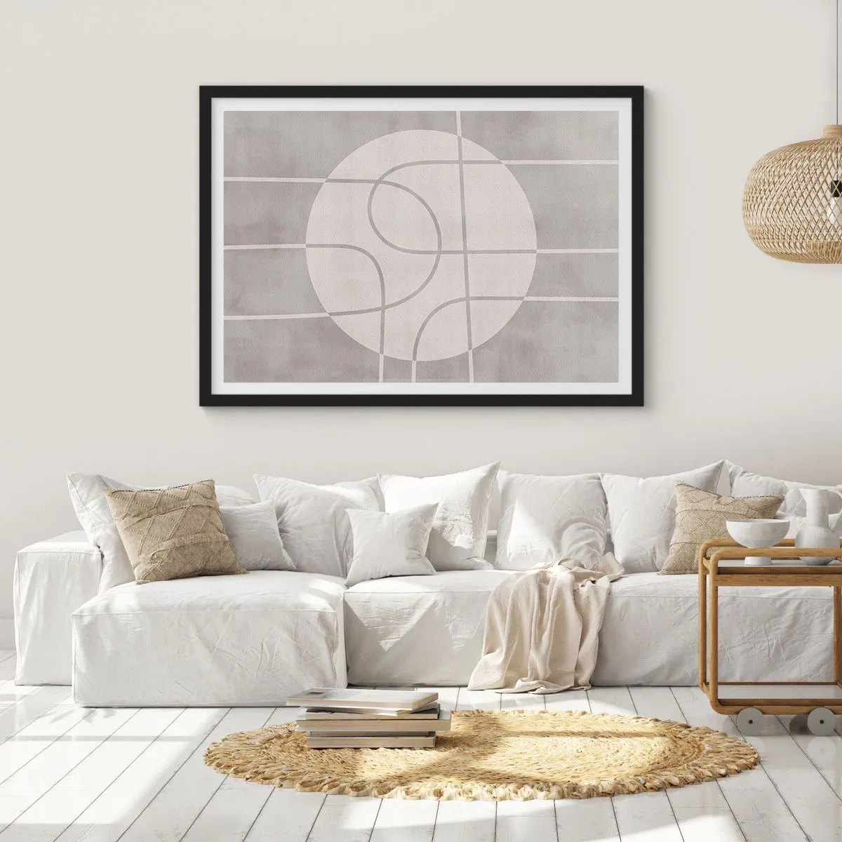Póster en marco negro - Patrón geométrico en tonos grises y blancos. - 70x50cm - Circular y rectilíneo - Decoración de pared moderna para salón y dormitorio ARTTOR