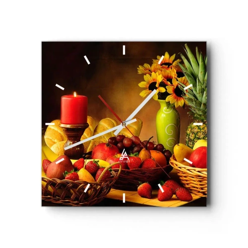 Reloj de pared - Reloj de vidrio - Bodegón con fruta, pan, vela y flores. - 30x30cm - Bodegón con pan y fruta - Decoración de pared moderna para salón y dormitorio ARTTOR