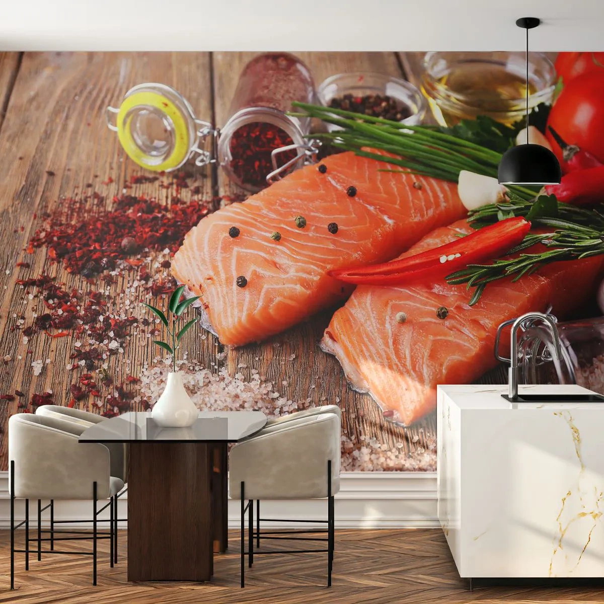 Fotomural Standard Eco - Una aventura noruega en la cocina - Gastronomía, Salmón, Especias - 200x140 cm
