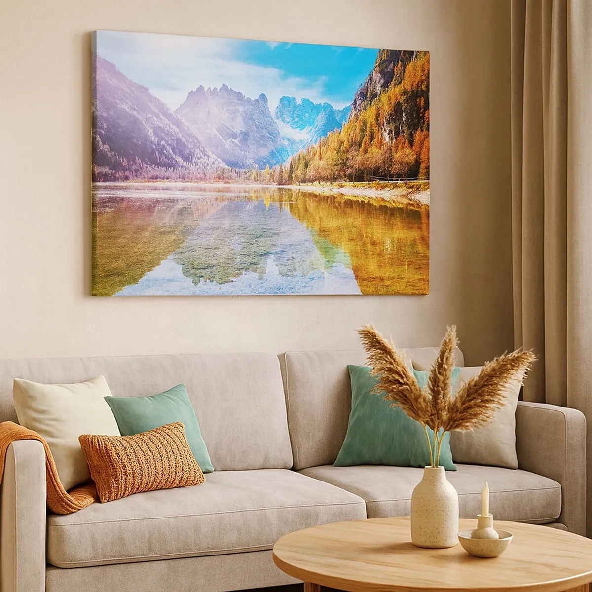 Cuadro sobre lienzo - Impresión de Imagen - Paisaje otoñal de montaña con un lago - 70x50cm - Ya es otoño en las montañas - Decoración de pared moderna para salón y dormitorio ARTTOR