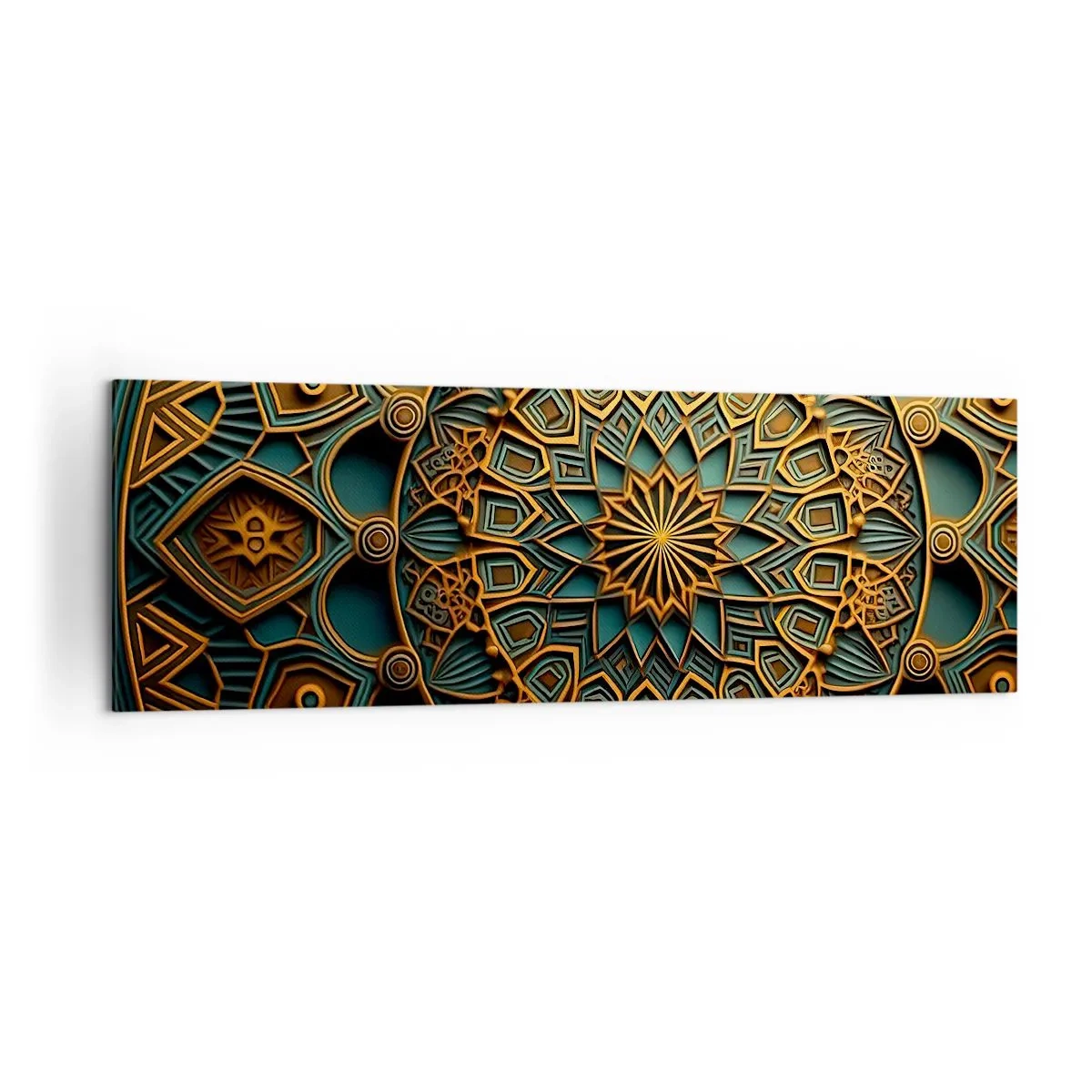 Cuadro sobre lienzo - Impresión de Imagen - Un mandala dorado sobre un fondo turquesa con ricos detalles. - 160x50cm - En un clima árabe - Decoración de pared moderna para salón y dormitorio ARTTOR