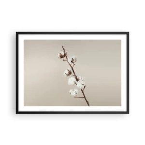 Póster en marco negro - Una ramita de algodón sobre un fondo beige. - 70x50cm - En la fuente de la suavidad - Decoración de pared moderna para salón y dormitorio ARTTOR