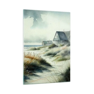 Cuadro sobre vidrio - Impresiones sobre Vidrio - Casas en las dunas frente al mar bajo un cielo nublado - 50x70cm - Lejos del bullicio - Decoración de pared moderna para salón y dormitorio ARTTOR