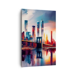 Cuadro sobre lienzo - Impresión de Imagen - Panorama de la ciudad de Nueva York con puente y reflejo en el agua - 80x120cm - Nueva York siempre luce - Decoración de pared moderna para salón y dormitorio ARTTOR