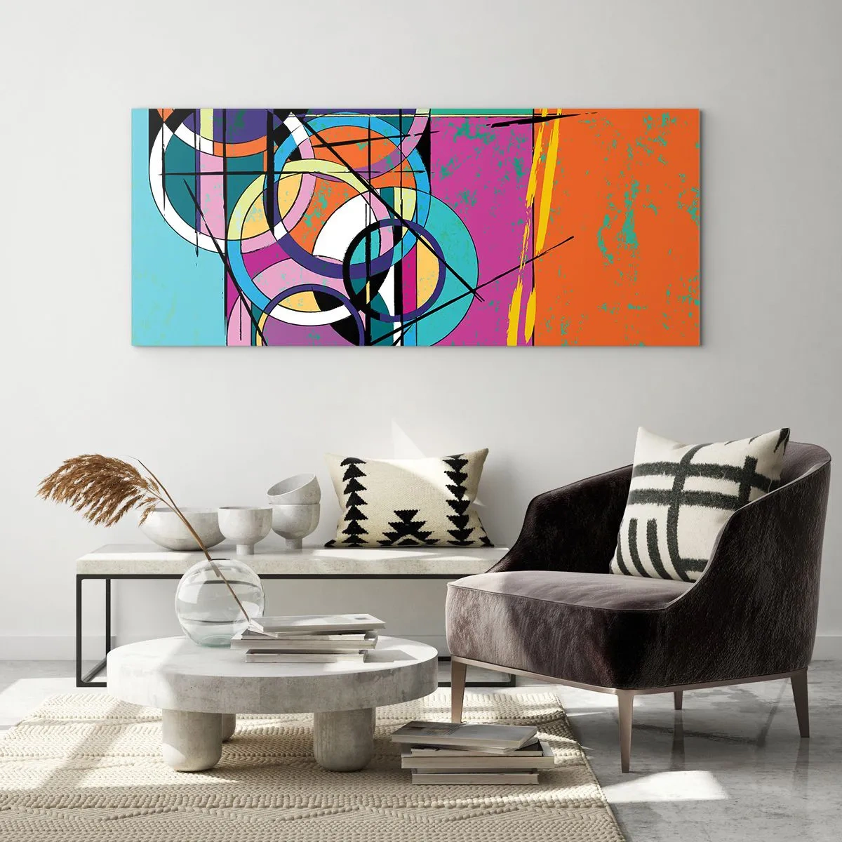 Cuadro sobre vidrio - Impresiones sobre Vidrio - Abstracción colorida con círculos geométricos. - 120x50cm - Círculo sobre círculo - Decoración de pared moderna para salón y dormitorio ARTTOR