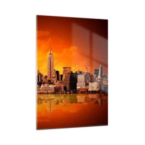 Cuadro sobre vidrio - Impresiones sobre Vidrio - Panorama de la ciudad al atardecer - 50x70cm - Un panorama de la ciudad en amarillo y marrón - Decoración de pared moderna para salón y dormitorio ARTTOR