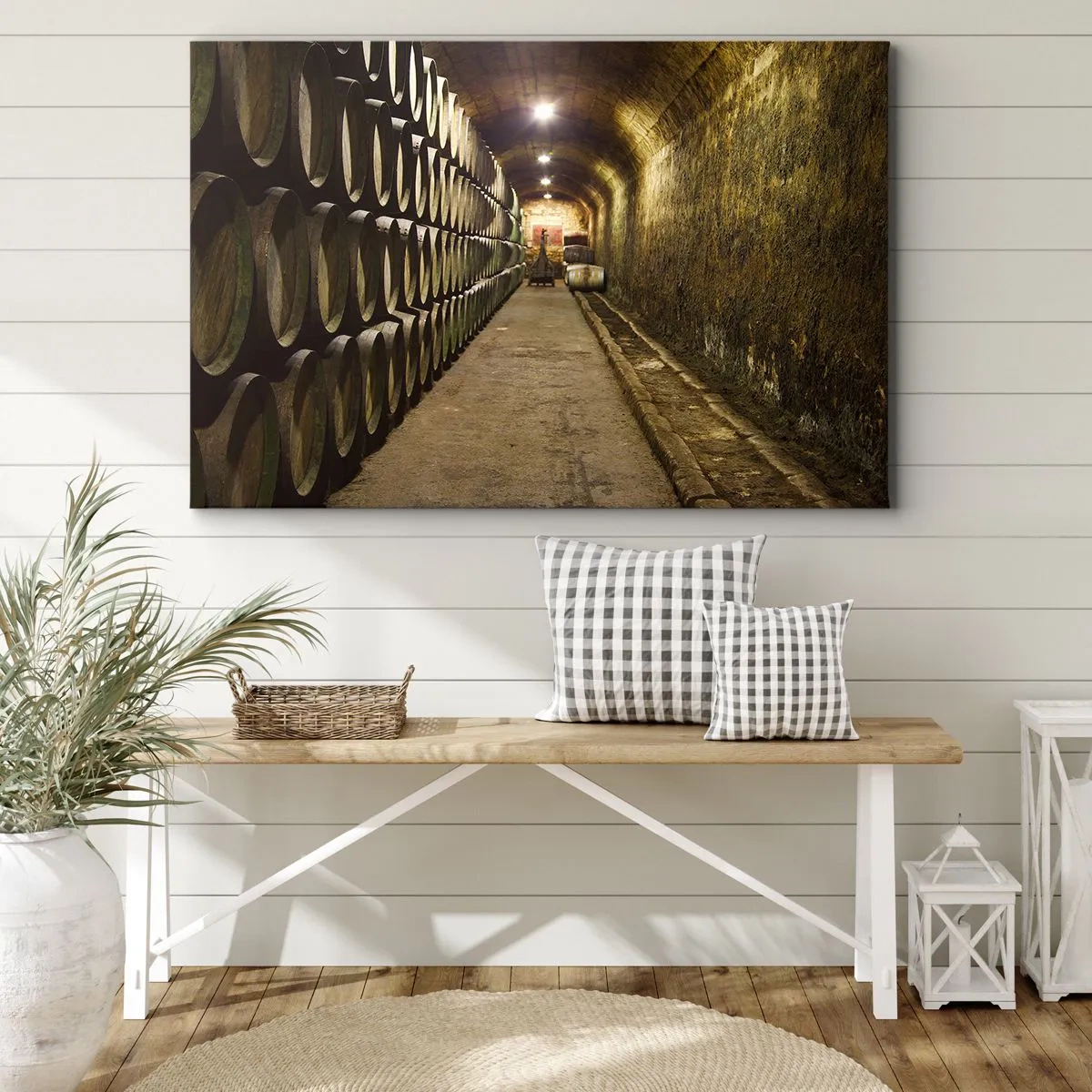 Cuadro sobre lienzo - Impresión de Imagen - Una bodega con barriles de vino de madera dispuestos en filas. - 100x70cm - El placer  - Decoración de pared moderna para salón y dormitorio ARTTOR