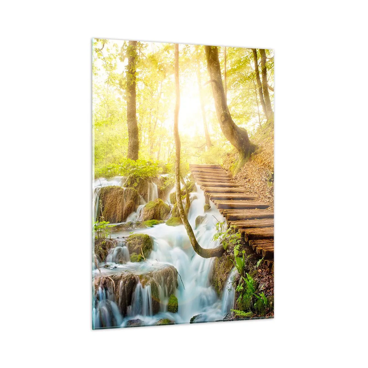 Cuadro sobre vidrio - Impresiones sobre Vidrio - Una cascada forestal con un camino de madera iluminado por la luz del sol. - 50x70cm - El ansiado frescor - Decoración de pared moderna para salón y dormitorio ARTTOR