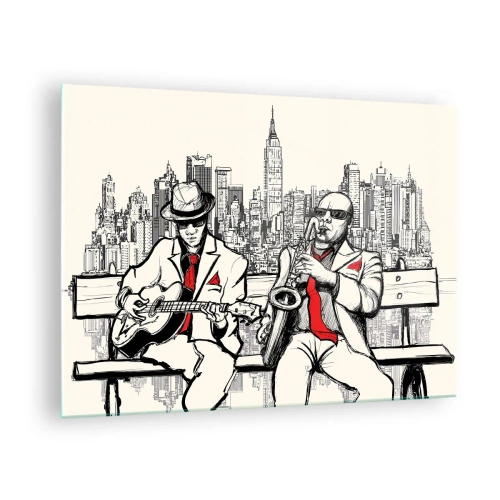 Cuadro sobre vidrio - Impresiones sobre Vidrio - Dos músicos de jazz tocando con el horizonte de la ciudad como telón de fondo. - 70x50cm - Improvisación en Nueva York - Decoración de pared moderna para salón y dormitorio ARTTOR