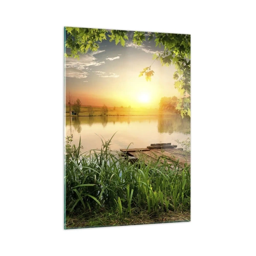 Cuadro sobre vidrio - Impresiones sobre Vidrio - Paisaje con un lago rodeado de vegetación al atardecer - 50x70cm - Paisaje en un marco verde - Decoración de pared moderna para salón y dormitorio ARTTOR