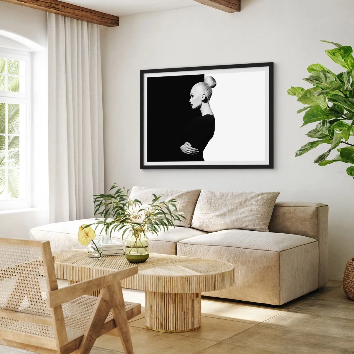 Póster en marco negro - Retrato elegante de una mujer sobre un fondo blanco y negro. - 70x50cm - Simplemente femenina - Decoración de pared moderna para salón y dormitorio ARTTOR
