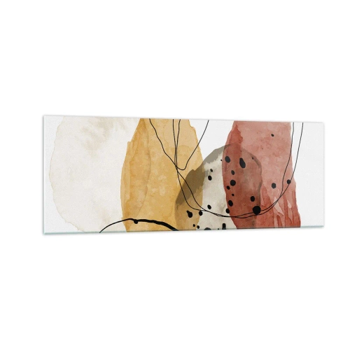 Cuadro sobre vidrio - Impresiones sobre Vidrio - Manchas abstractas en tonos beige, amarillo y rojo. - 140x50cm - Líneas y transparencias - Decoración de pared moderna para salón y dormitorio ARTTOR