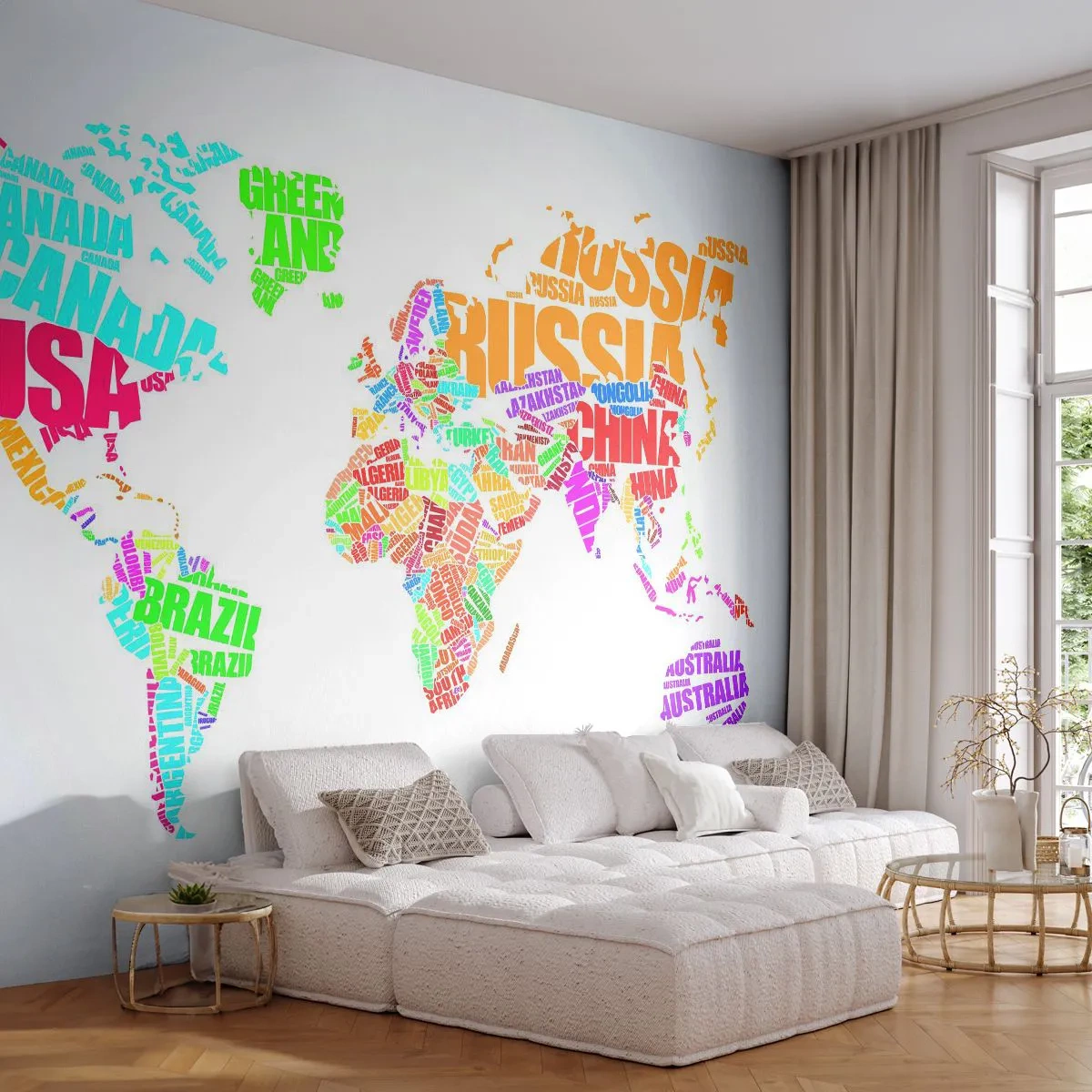 Fotomural Premium Canvas - Mapa del mundo colorido con nombres de países - 100x70cm - Quiero conocerlos a todos - Decoración de pared moderna para salón y dormitorio ARTTOR