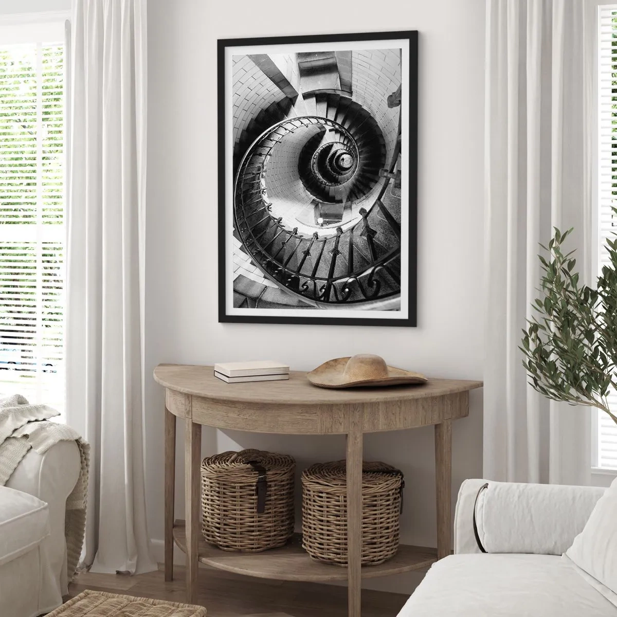 Póster en marco negro - Escalera de caracol en perspectiva en blanco y negro - 50x70cm - Cada vez más alto - Decoración de pared moderna para salón y dormitorio ARTTOR