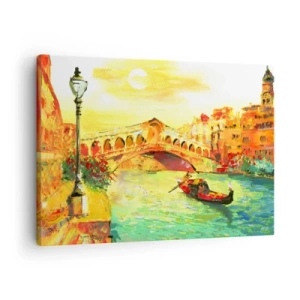 Cuadro sobre lienzo - Impresión de Imagen - Un pintoresco puente sobre el canal con una góndola a la luz del sol poniente. - 70x50cm - Peregrinación de los amantes - Decoración de pared moderna para salón y dormitorio ARTTOR