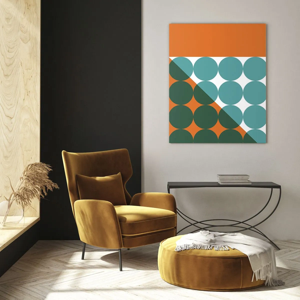 Cuadro sobre vidrio - Impresiones sobre Vidrio - Composición geométrica abstracta con círculos y un triángulo. - 50x70cm - Hacia arriba y en diagonal - Decoración de pared moderna para salón y dormitorio ARTTOR