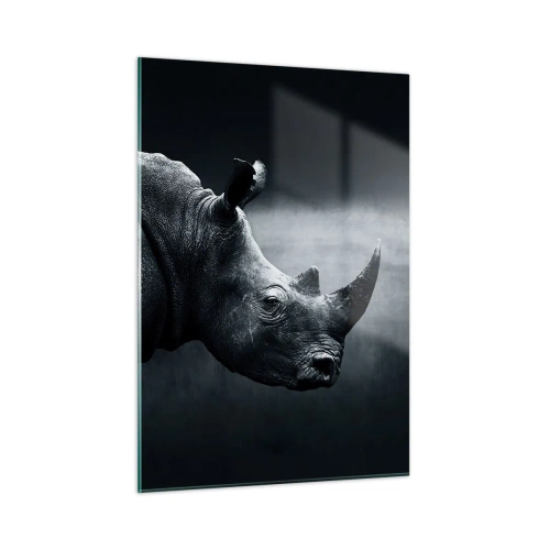 Cuadro sobre vidrio - Impresiones sobre Vidrio - Fotografía en blanco y negro de un rinoceronte. - 50x70cm - Perfil derecho - Decoración de pared moderna para salón y dormitorio ARTTOR