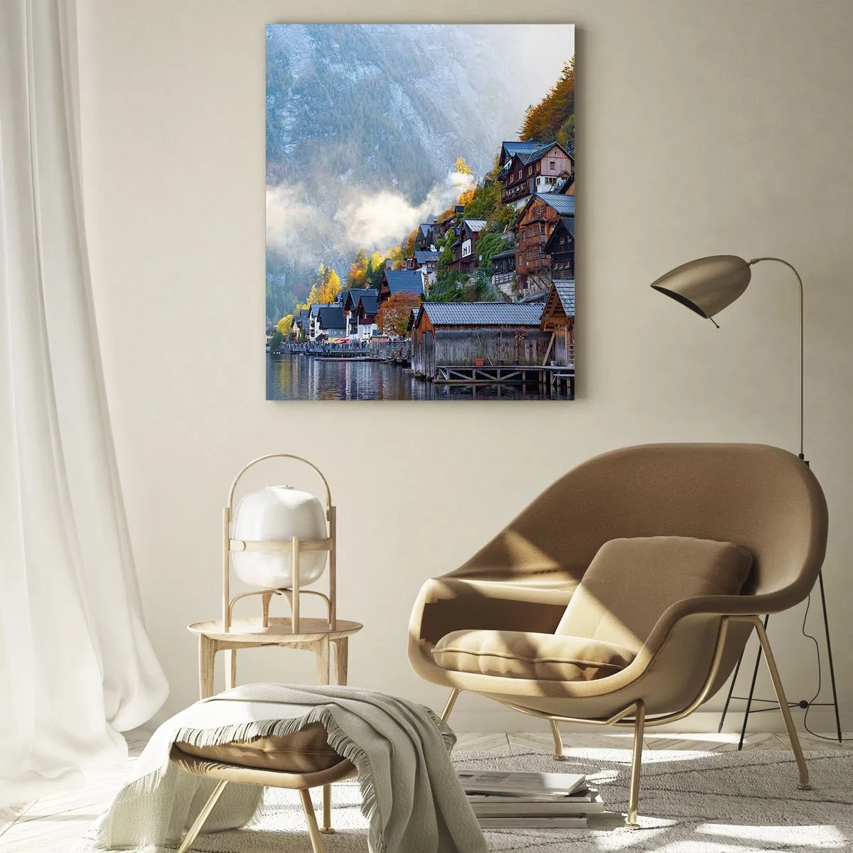 Cuadro sobre vidrio - Impresiones sobre Vidrio - Un pueblo de montaña junto a un lago en un paisaje otoñal. - 80x120cm - Ambiente alpino - Decoración de pared moderna para salón y dormitorio ARTTOR