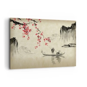 Cuadro sobre lienzo - Impresión de Imagen - Ilustración oriental con un barco y una rama floreciente. - 100x70cm - En el país de los cerezos en flor - Decoración de pared moderna para salón y dormitorio ARTTOR