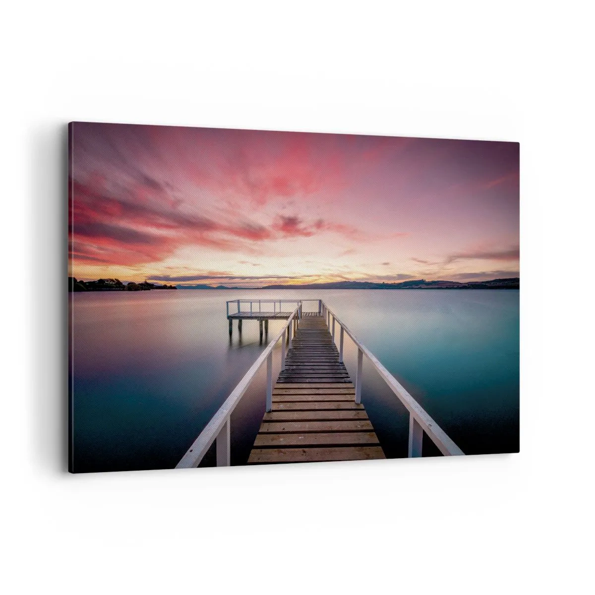 Cuadro sobre lienzo - Impresión de Imagen - Un embarcadero que conduce a un lago tranquilo al atardecer. - 120x80cm - La suave llama del atardecer - Decoración de pared moderna para salón y dormitorio ARTTOR