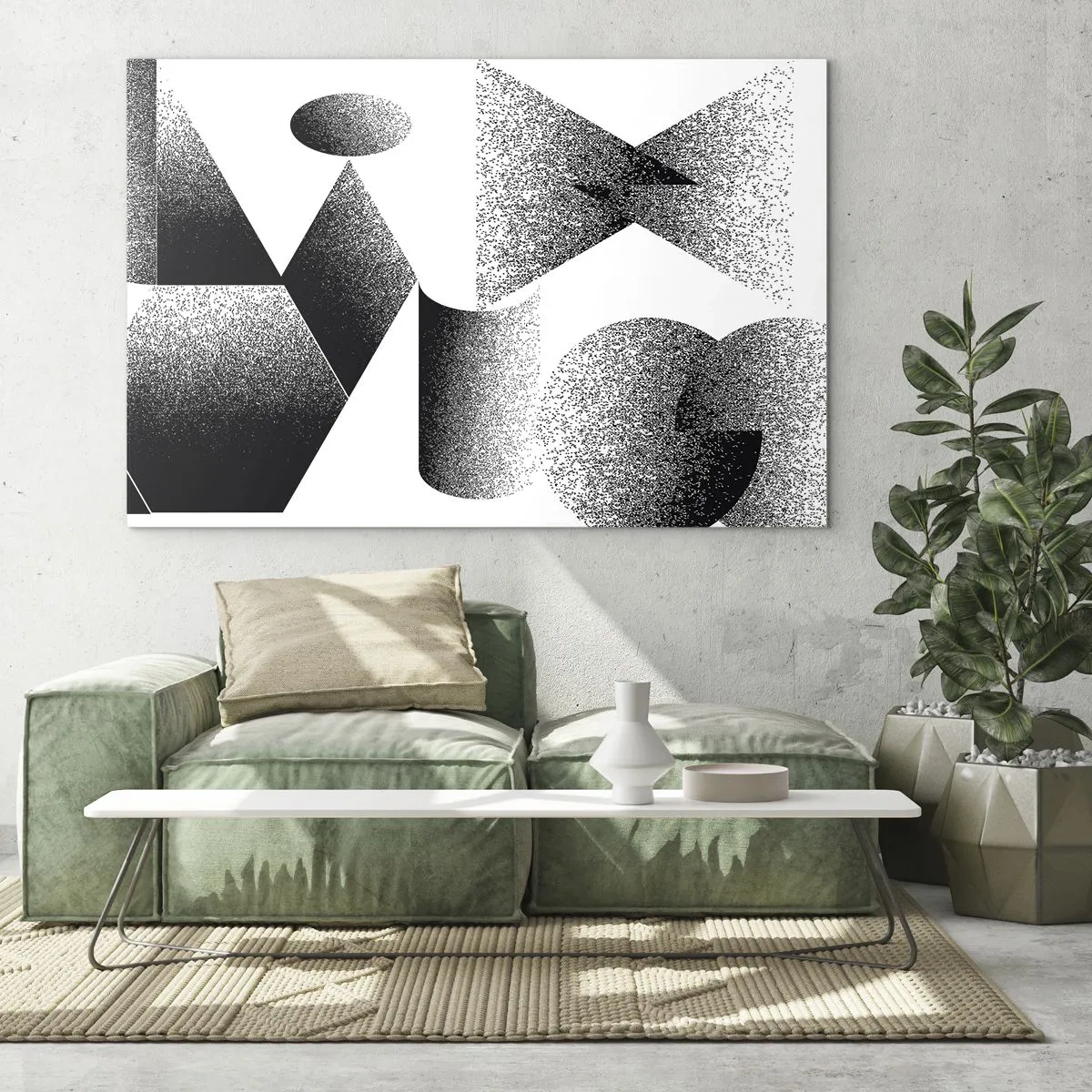 Cuadro sobre vidrio - Impresiones sobre Vidrio - Abstracción en blanco y negro con formas geométricas. - 70x50cm - Ángulos y óvalos - Decoración de pared moderna para salón y dormitorio ARTTOR