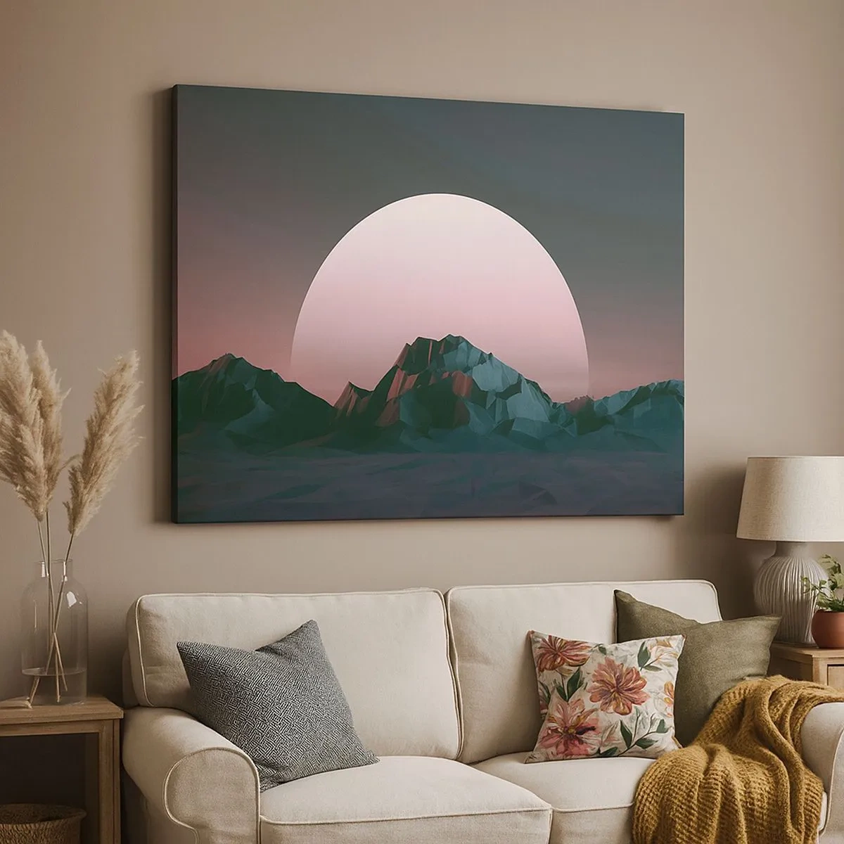 Cuadro sobre lienzo - Impresión de Imagen - Montañas geométricas con el sol poniente al fondo - 70x50cm - En una galaxia muy muy lejana - Decoración de pared moderna para salón y dormitorio ARTTOR