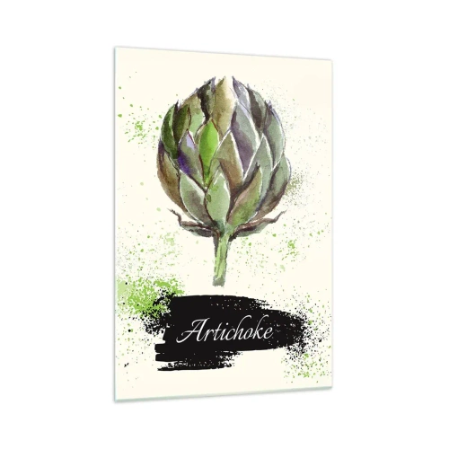 Cuadro sobre vidrio - Impresiones sobre Vidrio - Alcachofa de acuarela con texto sobre un fondo claro con acentos verdes. - 70x100cm - El sabor del otoño - Decoración de pared moderna para salón y dormitorio ARTTOR
