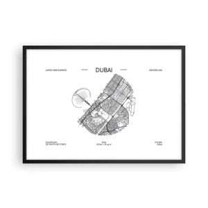 Póster en marco negro - Un mapa minimalista en blanco y negro de Dubái con marcas de ubicación. - 70x50cm - Anatomía de Dubái - Decoración de pared moderna para salón y dormitorio ARTTOR