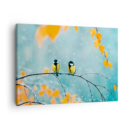 Cuadro sobre lienzo - Impresión de Imagen - Dos pájaros en una rama en un entorno invernal con hojas amarillas. - 70x50cm - Cotilleo de pájaros - Decoración de pared moderna para salón y dormitorio ARTTOR