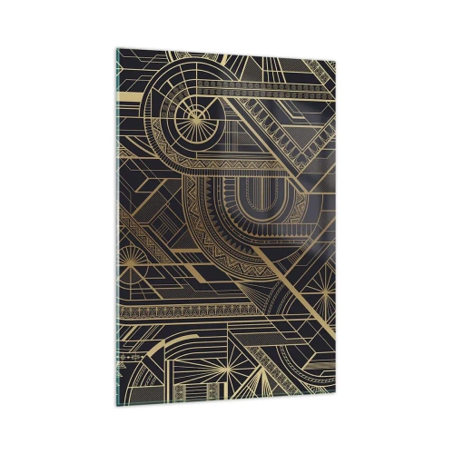 Cuadro sobre vidrio - Impresiones sobre Vidrio - Patrones geométricos dorados sobre fondo negro en estilo Art Déco - 80x120cm - Conceptos, ideas, planes - Decoración de pared moderna para salón y dormitorio ARTTOR