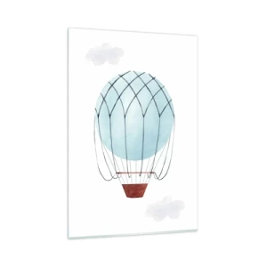 Cuadro sobre vidrio - Impresiones sobre Vidrio - Un globo pintado a mano sobre un fondo de delicadas nubes. - 80x120cm - Acariciando las nubes - Decoración de pared moderna para salón y dormitorio ARTTOR