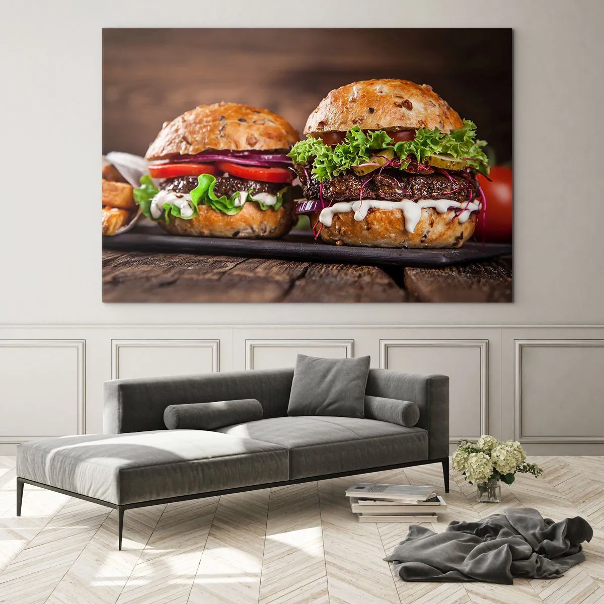 Cuadro sobre vidrio - Impresiones sobre Vidrio - Deliciosas hamburguesas con verduras y salsa. - 100x70cm - El sueño americano - Decoración de pared moderna para salón y dormitorio ARTTOR