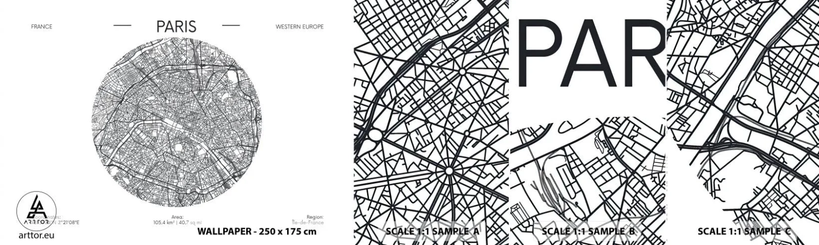 Muestra De Fotomural Standard Eco - Anatomía de París - Mapa, París, Francia - 100x30 cm