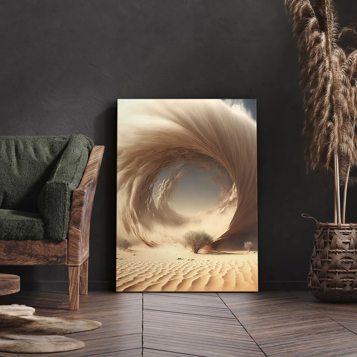 Cuadro sobre lienzo - Impresión de Imagen - Remolino de arena dinámico en un desierto con árboles - 50x70cm - Portal abierto - Decoración de pared moderna para salón y dormitorio ARTTOR