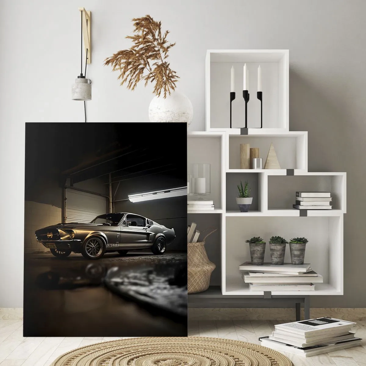 Cuadro sobre vidrio - Impresiones sobre Vidrio - Coche clásico en garaje bajo iluminación industrial. - 50x70cm - Un retorno al pasado - Decoración de pared moderna para salón y dormitorio ARTTOR