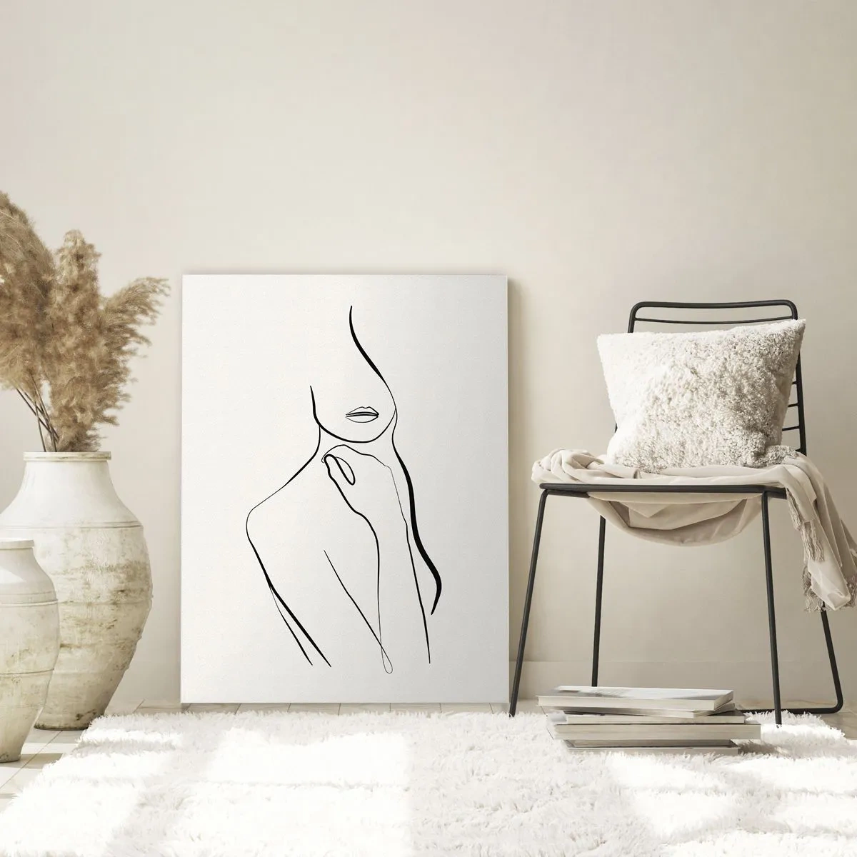 Cuadro sobre vidrio - Impresiones sobre Vidrio - Un boceto minimalista de la silueta de una mujer sobre un fondo claro. - 80x120cm - Una ola de melancolía - Decoración de pared moderna para salón y dormitorio ARTTOR