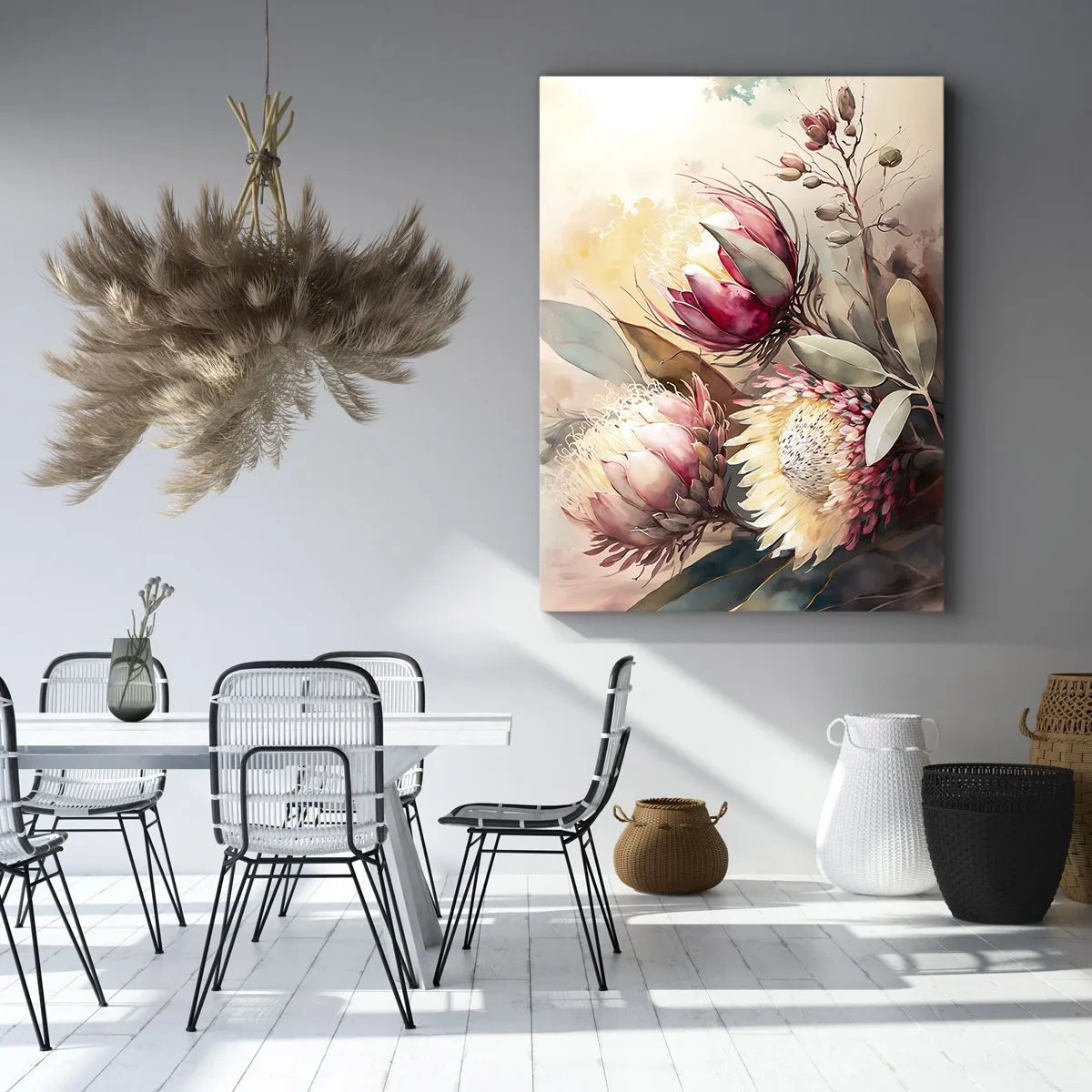 Cuadro sobre lienzo - Impresión de Imagen - Flores de protea en delicados tonos pastel. - 50x70cm - De perfil y de frente - Decoración de pared moderna para salón y dormitorio ARTTOR