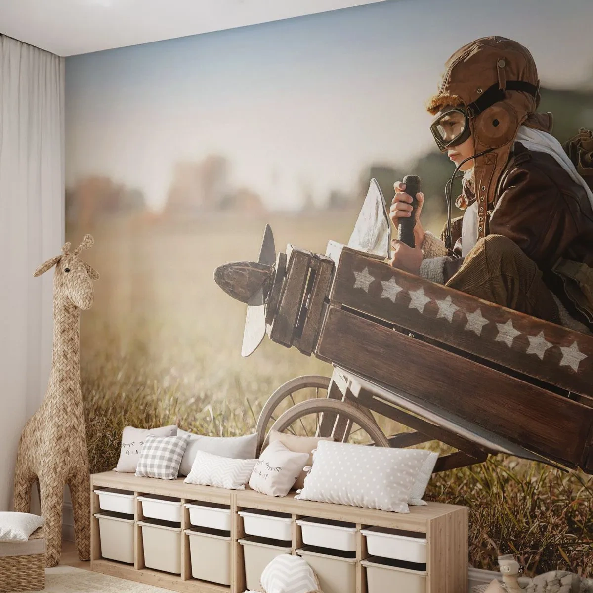 Fotomural Premium Sand - Despegue hacia un sueño - Chico, Avión, Vintage - 300x210 cm