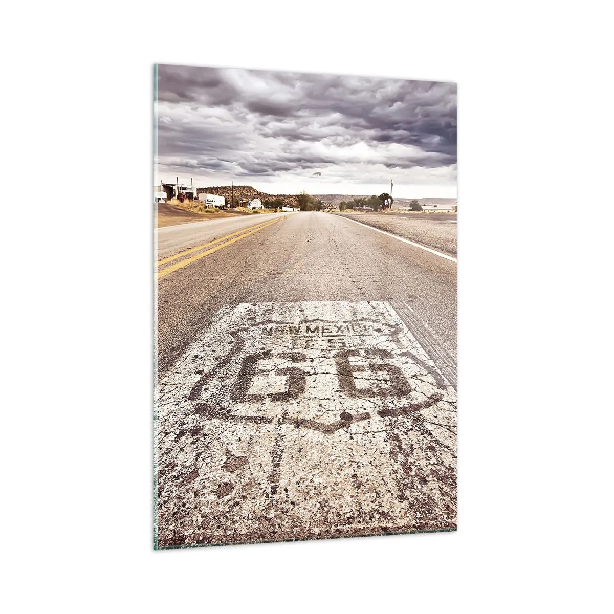 Cuadro sobre vidrio - Impresiones sobre Vidrio - Ruta 66 con vista al horizonte - 50x70cm - Mother Road: una leyenda americana - Decoración de pared moderna para salón y dormitorio ARTTOR