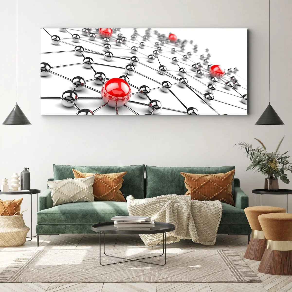 Cuadro sobre lienzo - Impresión de Imagen - Una red de bolas metálicas con acentos rojos. - 120x50cm - Una red plateada - Decoración de pared moderna para salón y dormitorio ARTTOR