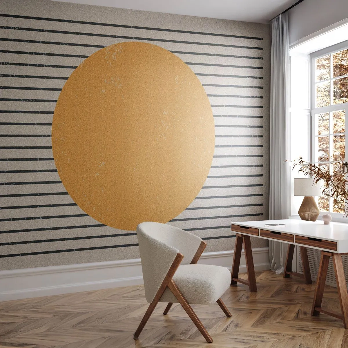 Fotomural Premium Sand - Minimalismo geométrico con un círculo amarillo y líneas negras. - 100x70cm - El poder de la sencillez - Decoración de pared moderna para salón y dormitorio ARTTOR