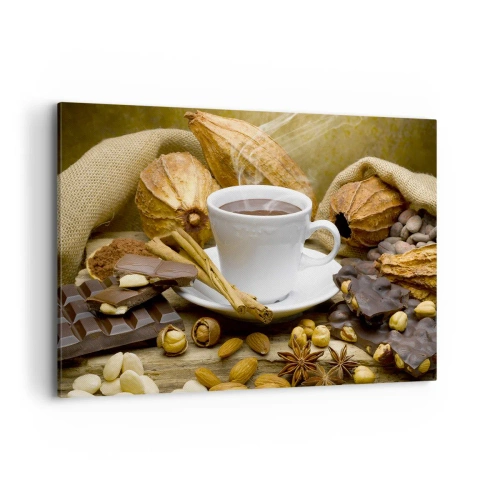 Cuadro sobre lienzo - Impresión de Imagen - Una taza de chocolate caliente rodeada de cacao y canela. - 120x80cm - Para los que buscan emociones - Decoración de pared moderna para salón y dormitorio ARTTOR