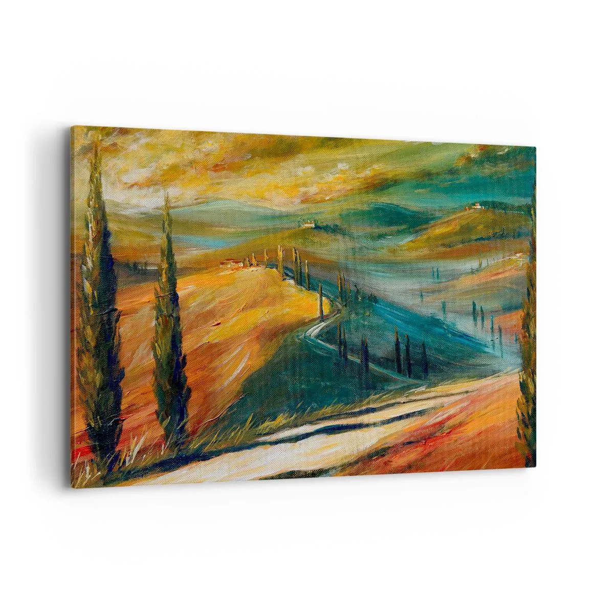 Cuadro sobre lienzo - Impresión de Imagen - Paisaje toscano con campos, camino y cipreses. - 100x70cm - Paisaje toscano - Decoración de pared moderna para salón y dormitorio ARTTOR