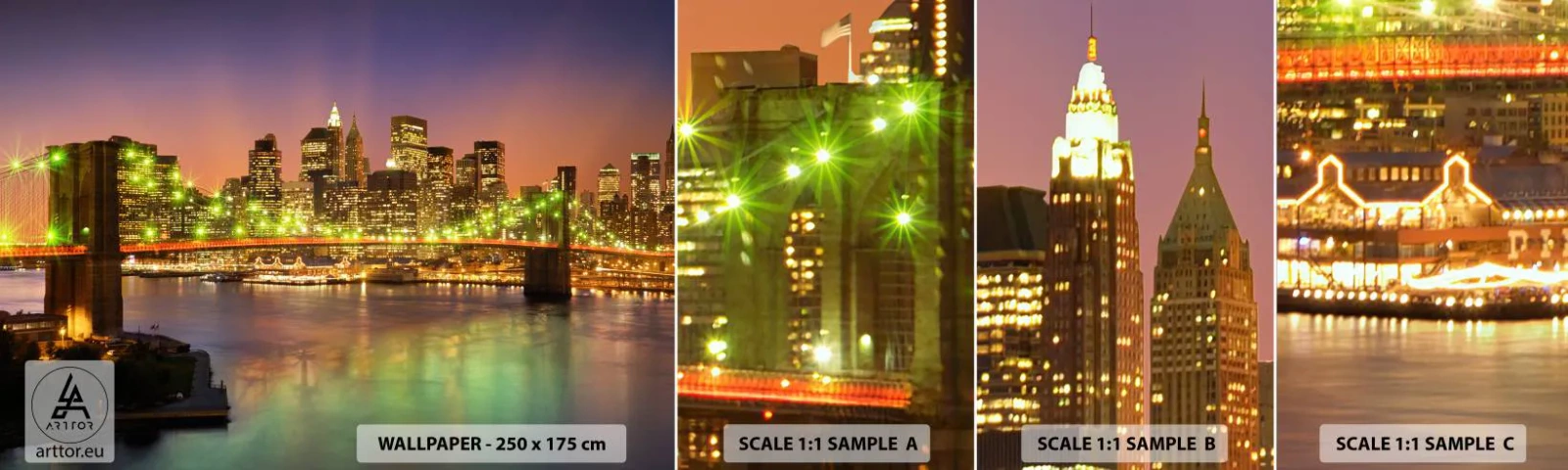 Muestra De Fotomural Standard Eco - Aquí la luz nunca se apaga - Ciudad, Nueva York, puente de Brooklyn - 100x30 cm