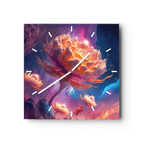 Reloj de pared - Reloj de vidrio - Flores de fantasía en un paisaje cósmico. - 30x30cm - Otro mundo - Decoración de pared moderna para salón y dormitorio ARTTOR