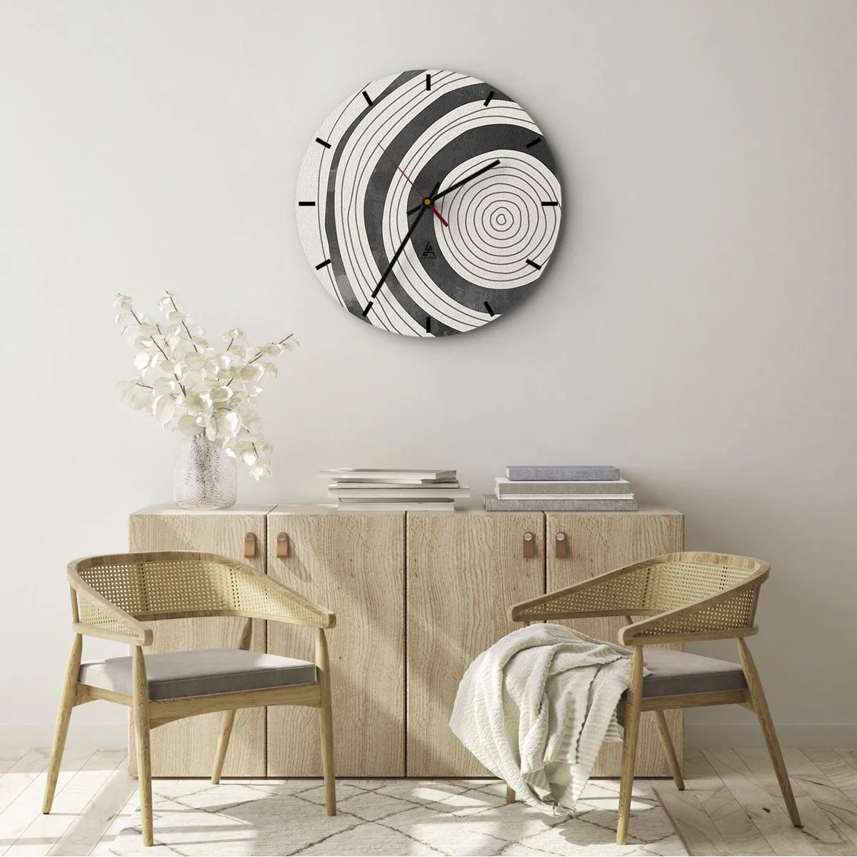 Reloj de pared - Reloj de vidrio - Anillos concéntricos en tonos grises sobre fondo claro. - 30x30cm - Lo importante es lo que hay entre medias - Decoración de pared moderna para salón, cocina y dormitorio ARTTOR